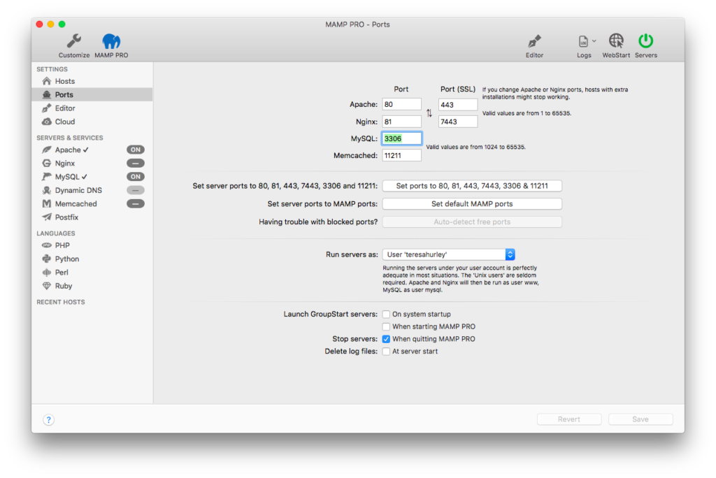 MAMP Pro Port Settings